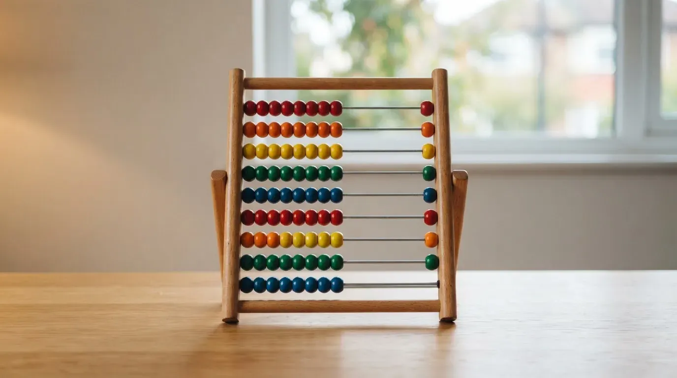 Ein Abakus mit bunten Holzperlen steht auf einem hellen Schreibtisch vor einem unscharfen Fenster.