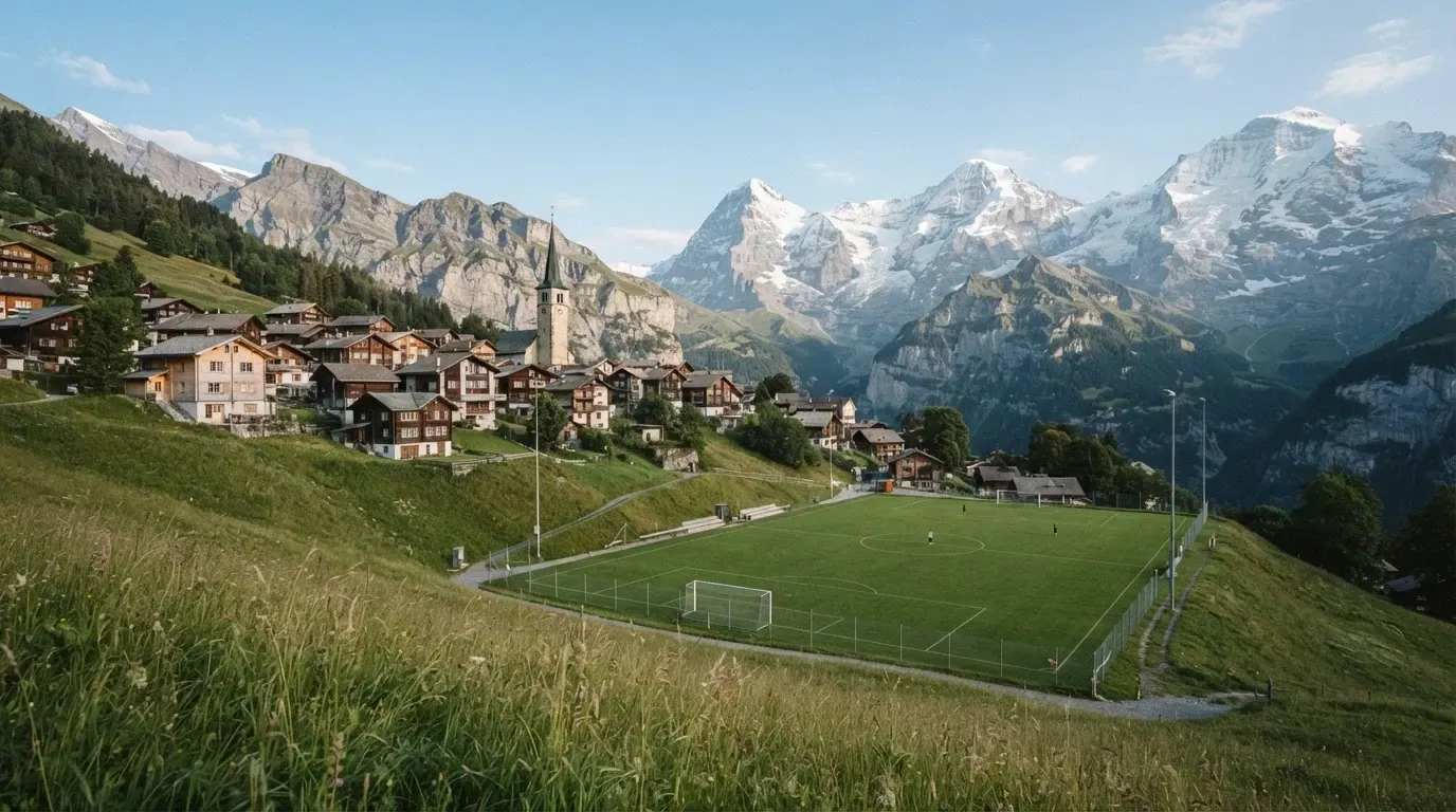 Ein Schweizer Bergdorf mit Kirchturm und einem kleinen Fussballplatz am Hang, im Hintergrund schneebedeckte Gipfel.