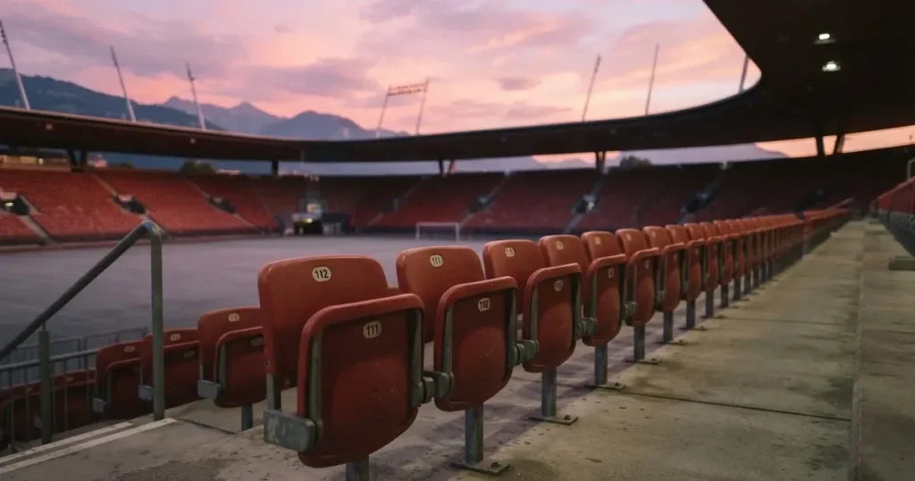 Eine Reihe leerer Sitzplätze in einem Stadion, die Sessel in gleichmässigem Abstand, über den Rängen ein Abendhimmel in Rosa.