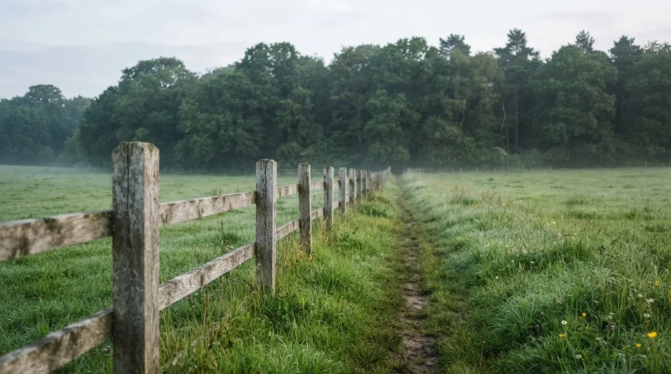 Ein Holzzaun trennt zwei Wiesen entlang eines Feldwegs, dahinter ein Waldrand im diffusen Morgenlicht.