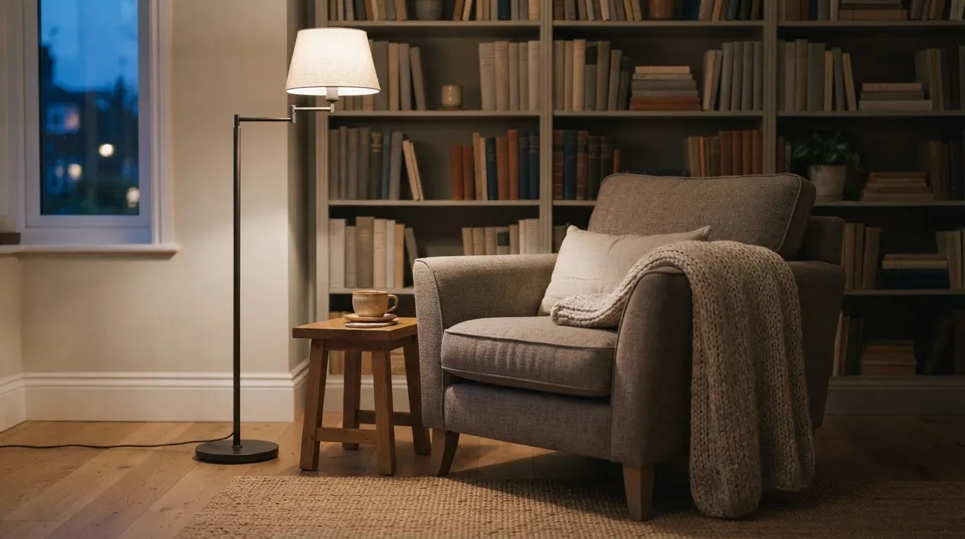 Ein Lesesessel mit Wolldecke steht neben einem Bücherregal und einer Stehlampe, auf dem Tisch eine Teetasse.