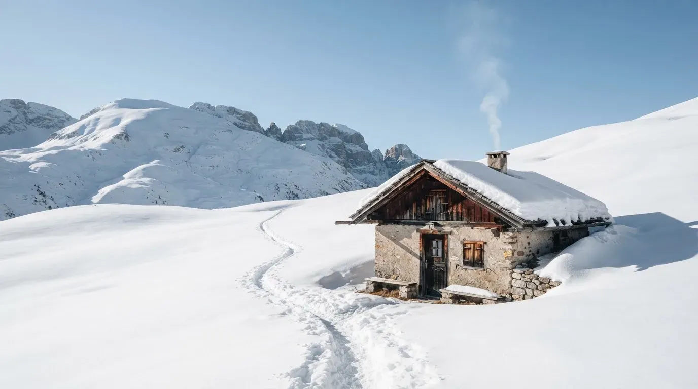 Eine Berghütte im Schnee mit rauchendem Kamin steht vor klarem Himmel, ein Pfad führt in die Stille.