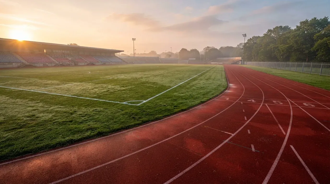 Eine rote Laufbahn umringt ein Fussballfeld beim Sonnenaufgang, auf dem Rasen liegt Tau.