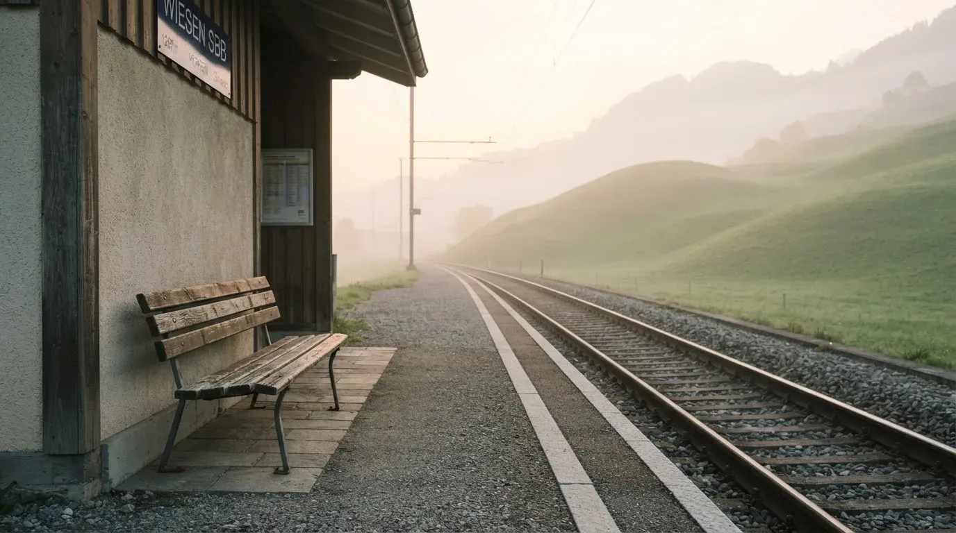 Ein leerer Bahnsteig mit einer Holzbank im Morgennebel, dahinter sanfte Hügel.