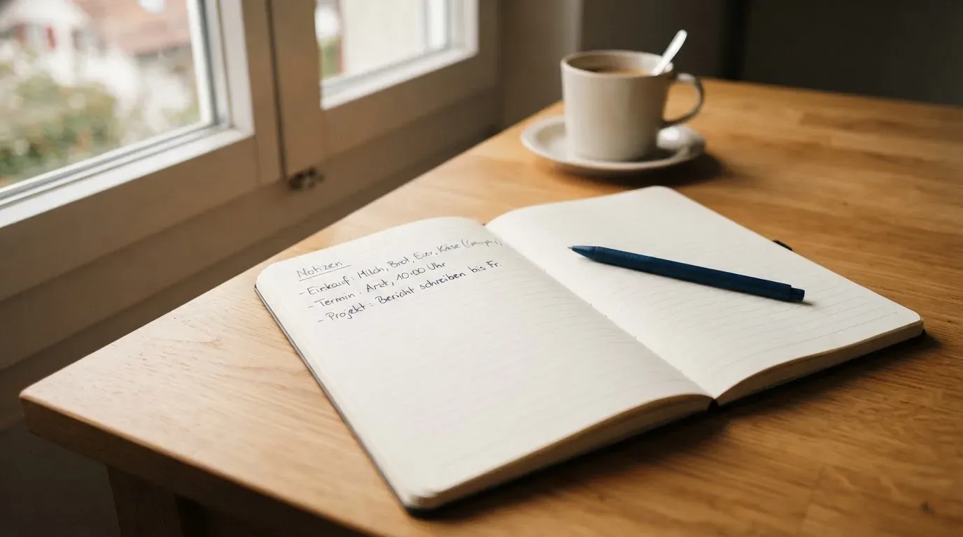 Ein aufgeschlagenes Notizbuch mit handschriftlichen Notizen und ein Kugelschreiber liegen auf einem Holztisch neben einem Fenster mit Tageslicht.