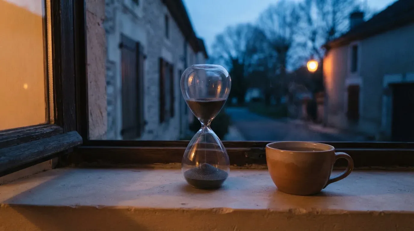 Eine Sanduhr steht auf einem Fensterbrett neben einer Tasse Tee, draussen dämmert es über einer ruhigen Strasse.