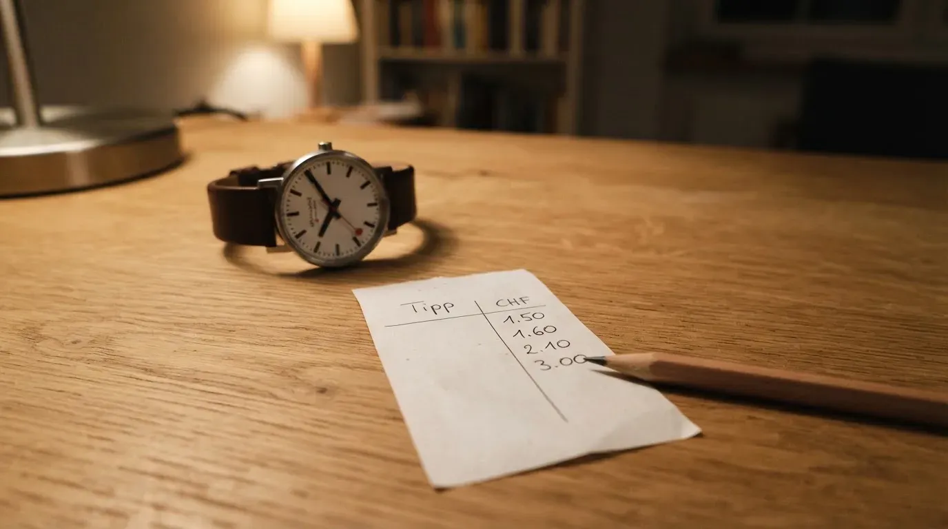 Eine Armbanduhr und ein gespitzter Bleistift liegen auf einem hellen Holztisch im Licht einer Schreibtischlampe.