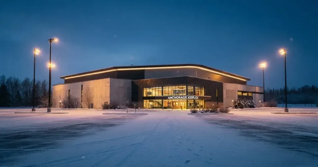 Eine Eishalle steht in der Dämmerung unter Flutlicht, aus der Ferne gesehen, davor ein leerer Parkplatz mit Schnee.