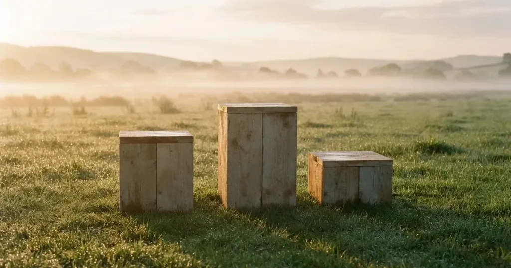 Drei hölzerne Podeststufen in unterschiedlicher Höhe stehen im Morgentau auf einem Rasenplatz, im Hintergrund ziehen Nebelschwaden.