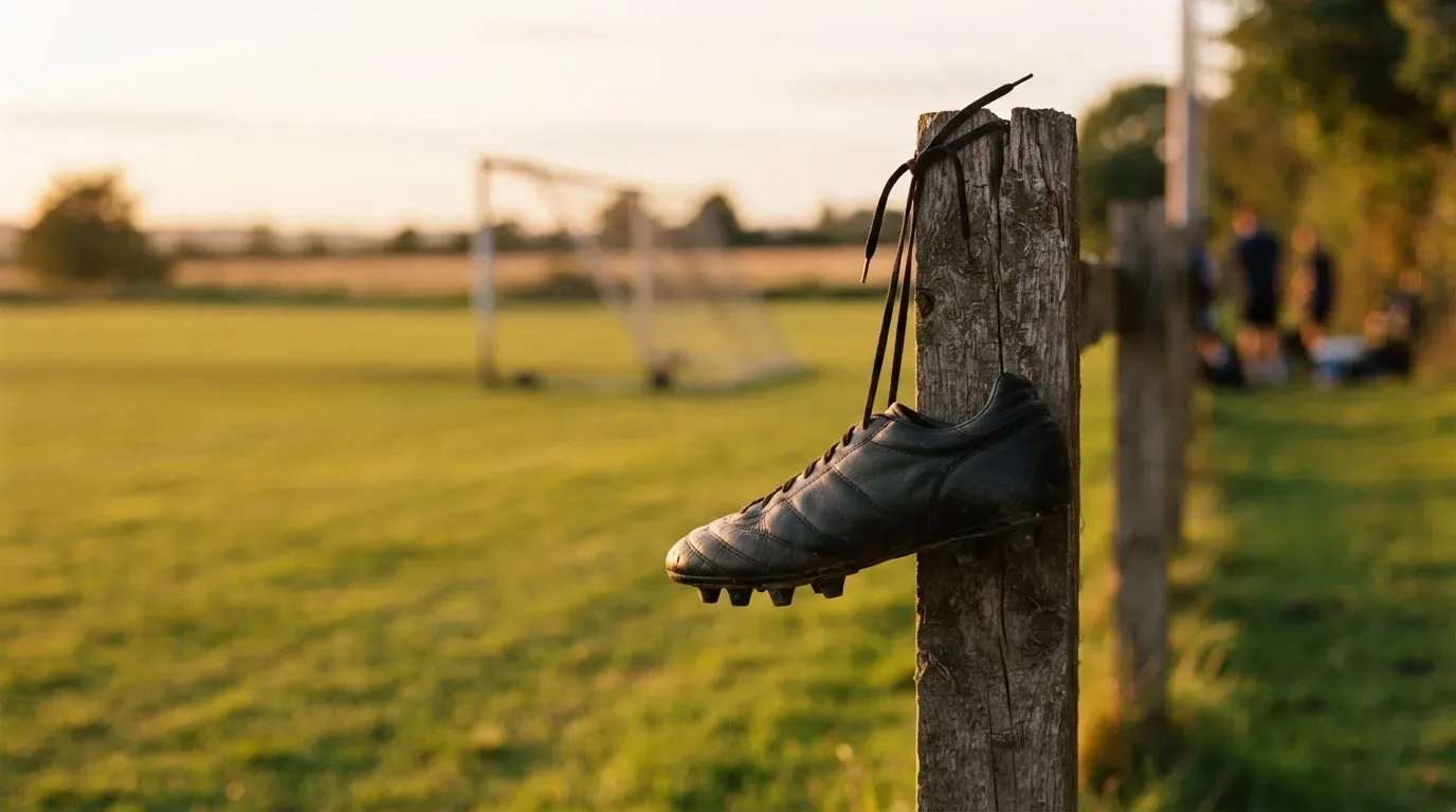 Ein Fussballschuh hängt an den Schnürsenkeln an einem Zaunpfosten neben einem Trainingsplatz im Abendlicht.