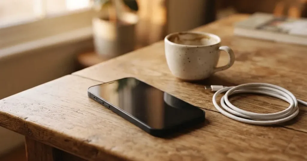 Ein Smartphone mit dunklem Display liegt auf einem Holztisch neben einem Ladekabel und einer Kaffeetasse.