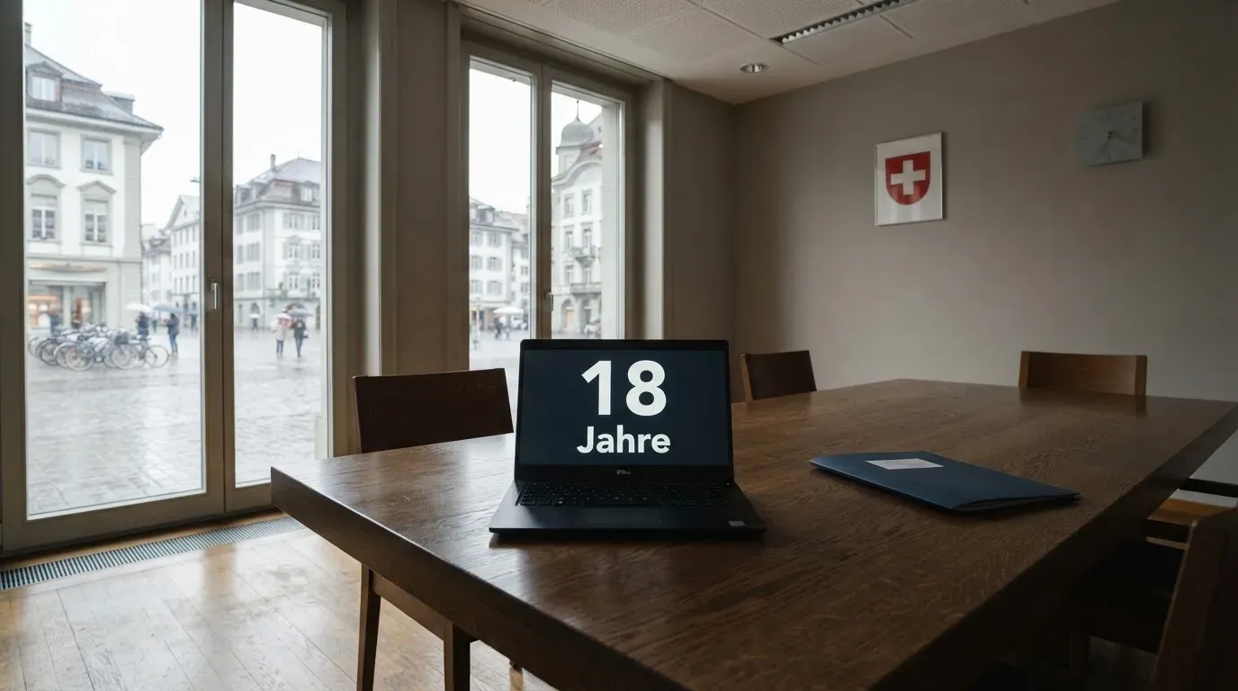 Ein schwerer Eichentisch mit leeren Stühlen steht in einem Sitzungszimmer vor einem grossen Fenster.