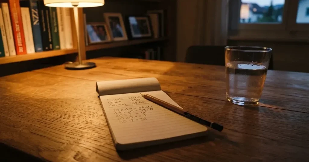 Ein Taschenrechner und ein Bleistift liegen auf einem Holztisch, daneben steht ein halb gefülltes Glas Wasser.