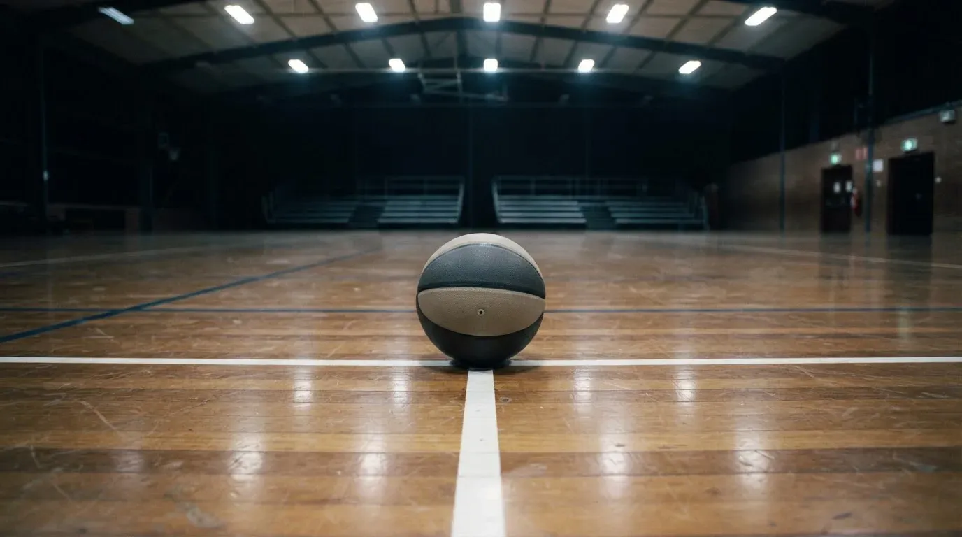 Ein Basketball liegt auf dem Parkett einer leeren Sporthalle im Licht der Deckenlampen.