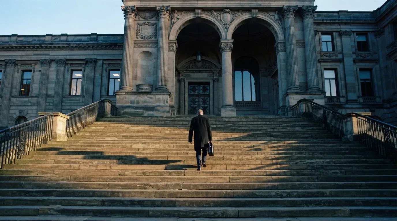 Eine breite Treppe aus Sandstein führt im Morgenlicht zu einem hohen Gebäude.