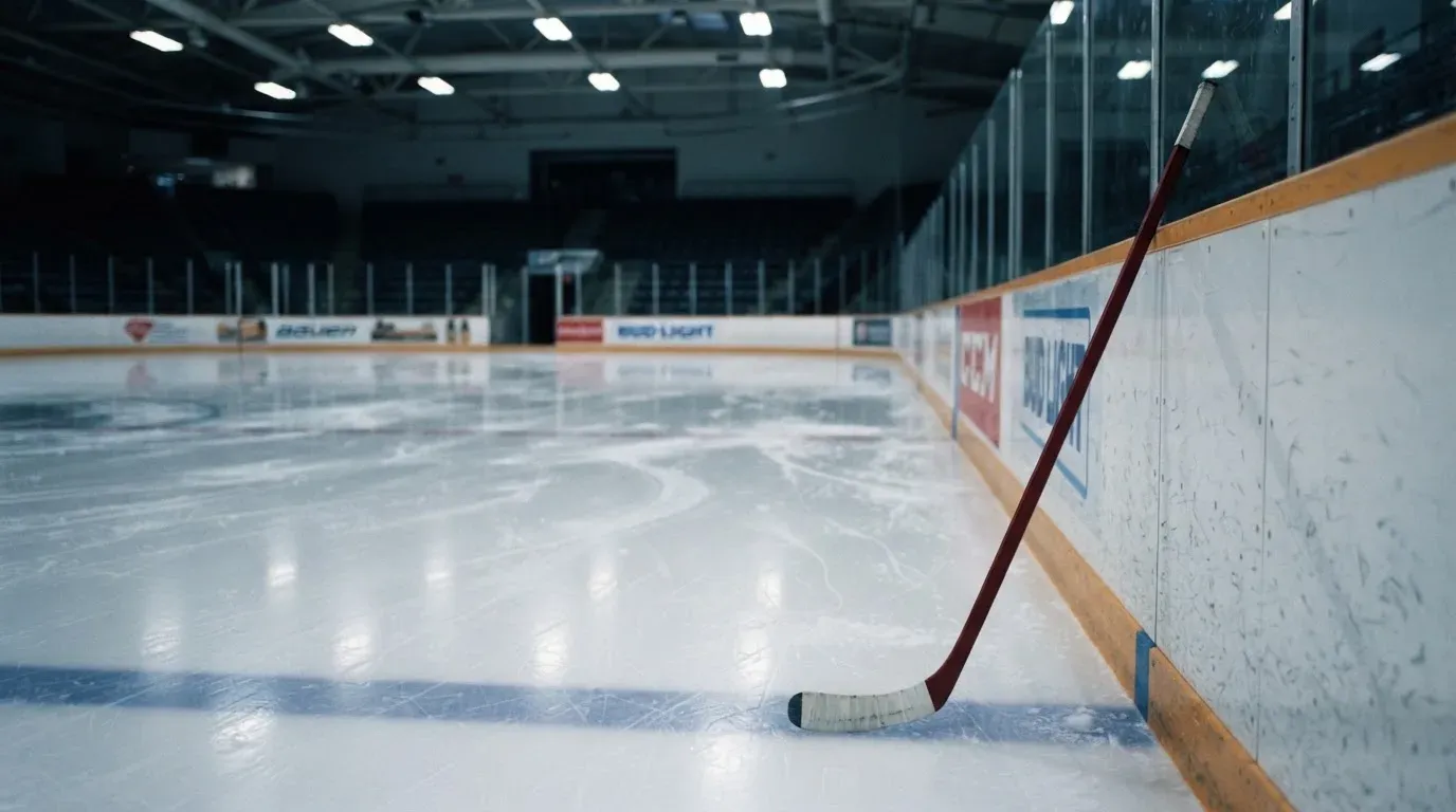 Ein Eishockeyschläger lehnt an der Bande einer leeren Halle, auf dem Eis spiegeln sich die Deckenlampen.