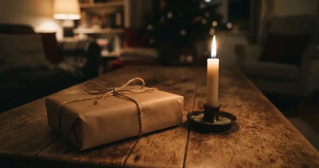 Ein einzelnes Geschenkpaket mit Schnur liegt auf einem Holztisch neben einer brennenden Kerze.