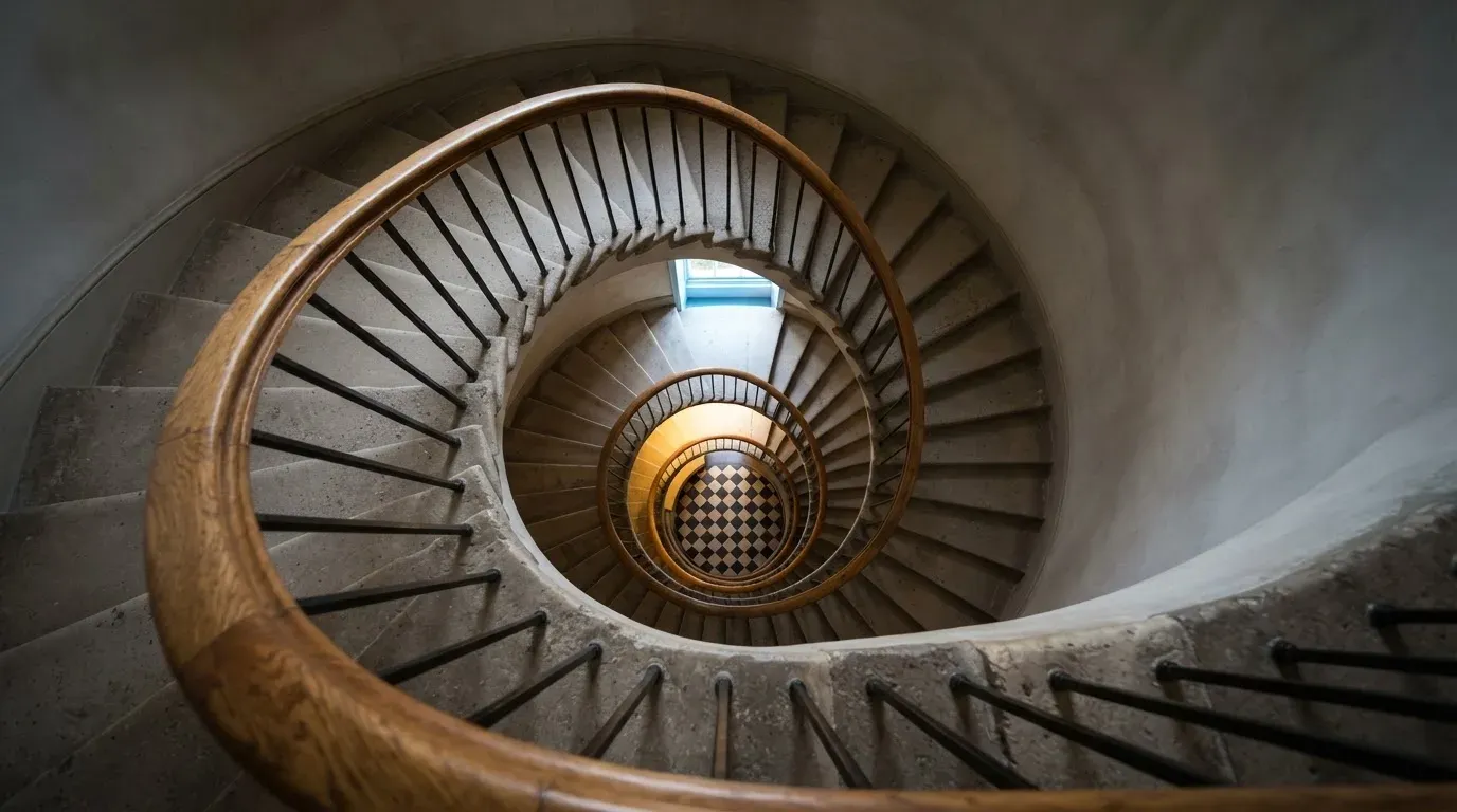 Ein Treppenhaus mit Holzgeländer, von oben fotografiert, die Stufen winden sich nach unten.