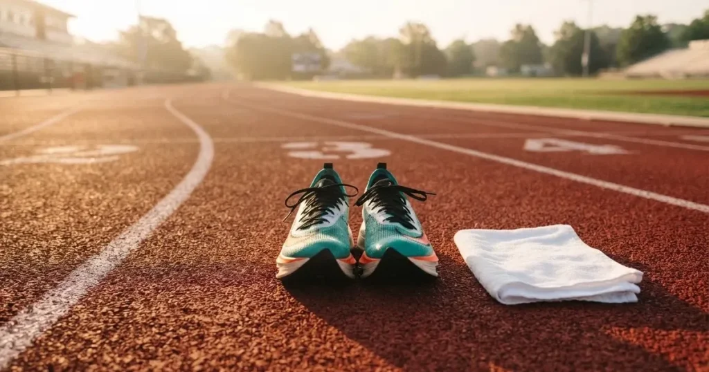 Ein Paar frisch geschnürter Laufschuhe steht auf einer roten Tartanbahn im Morgenlicht, daneben liegt ein Handtuch.