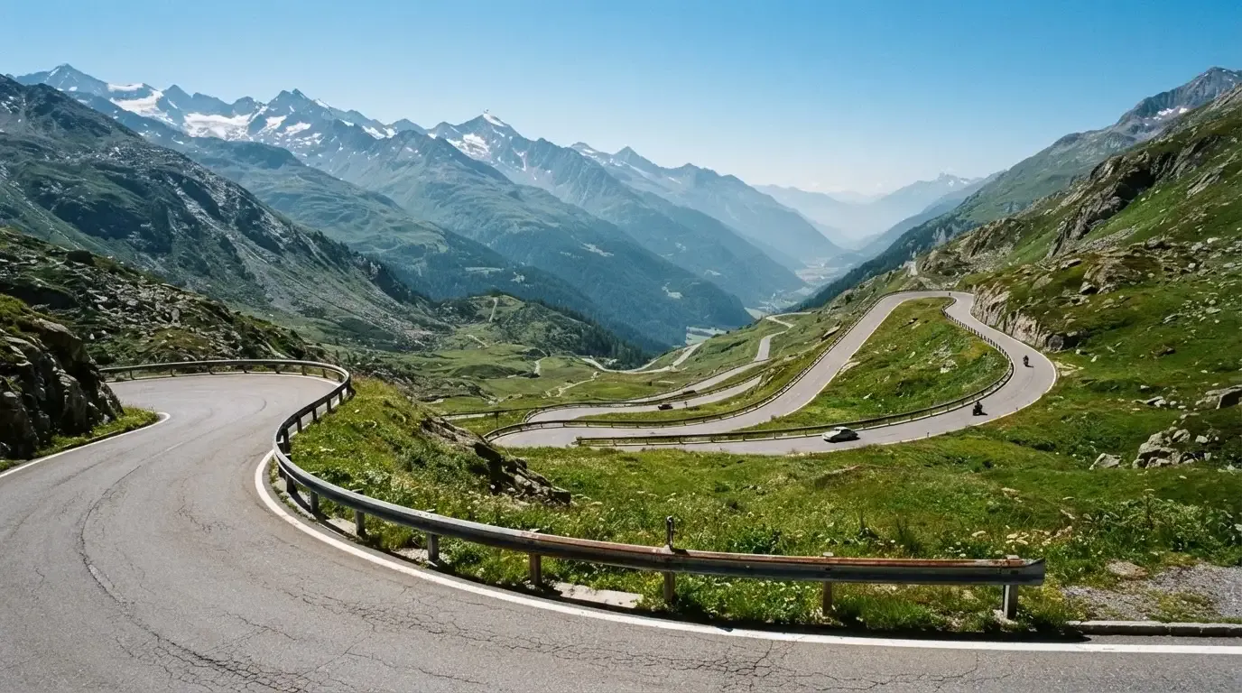 Eine Passstrasse mit Leitplanke windet sich an einem klaren Tag durch eine Berglandschaft.