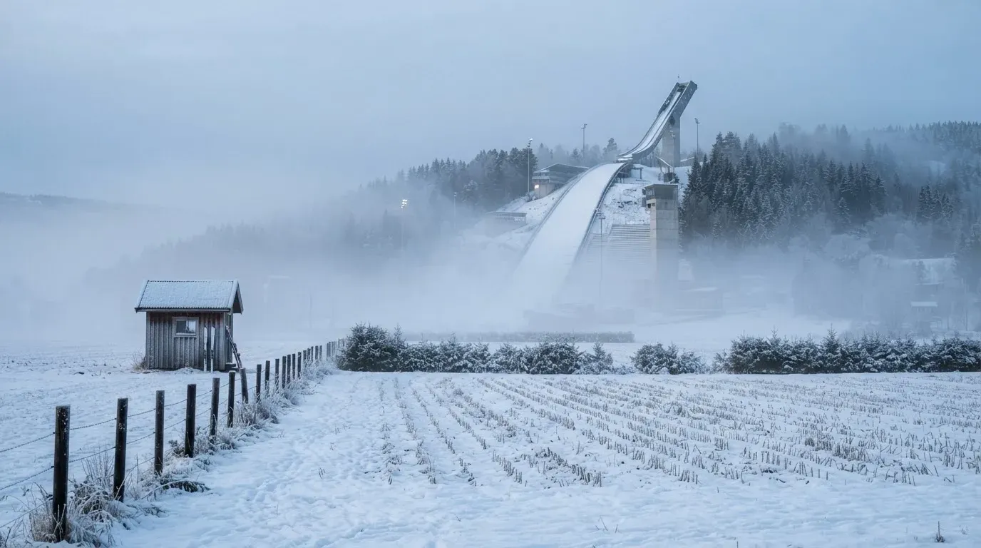 Eine Skisprungschanze ragt aus der Ferne gesehen in den Morgennebel, davor ein verschneites Feld.