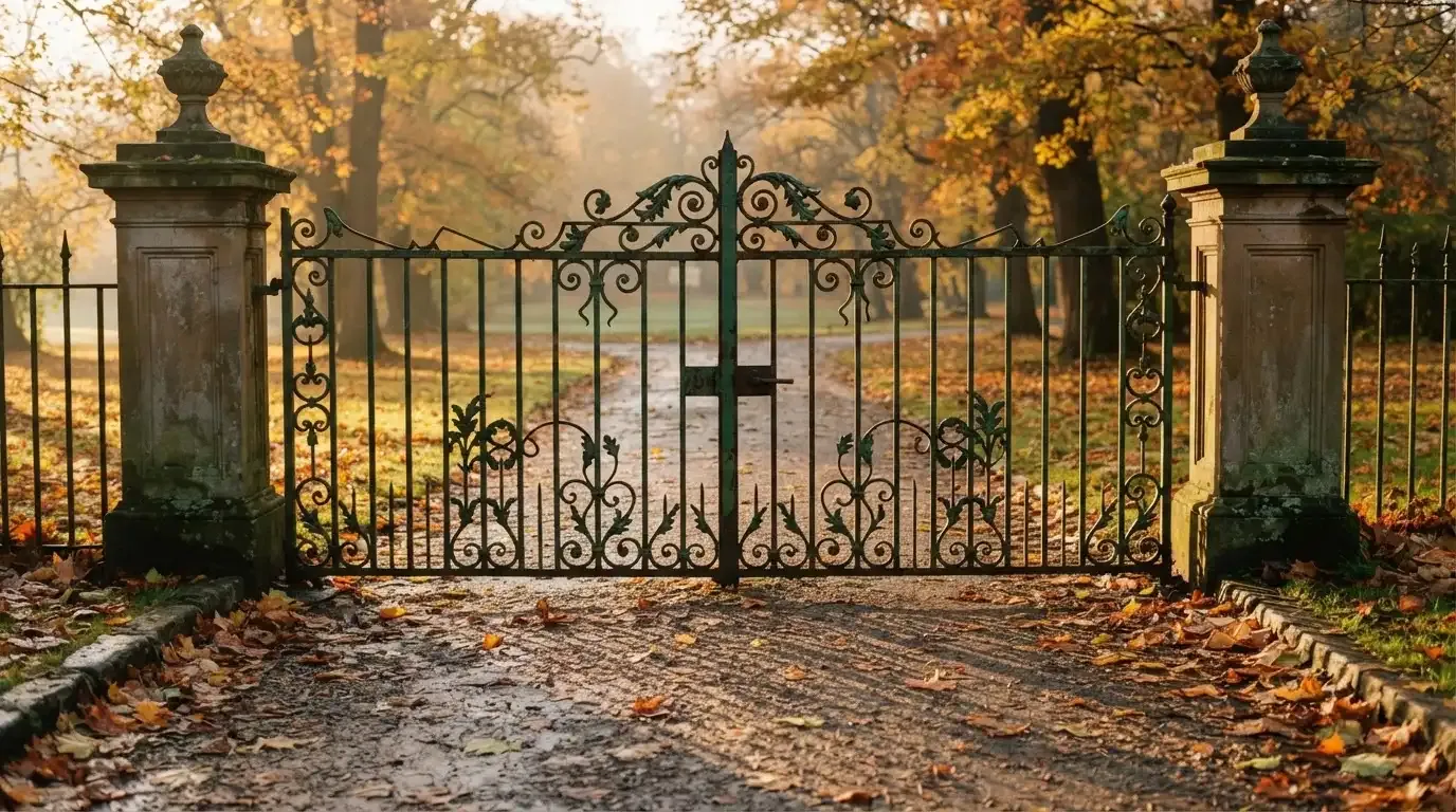 Ein geschlossenes Tor aus Schmiedeeisen steht vor einem Park im Herbstlicht, auf dem Kies liegt Laub.