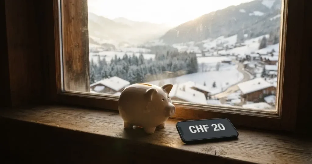 Eine leere Sparbüchse aus Keramik steht auf einem Fensterbrett, draussen liegt eine verschneite Landschaft im Gegenlicht.