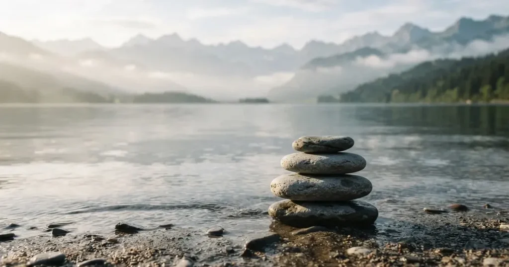 Vier flache Kieselsteine sind am Seeufer zu einem kleinen Turm gestapelt, das Wasser dahinter liegt ruhig.