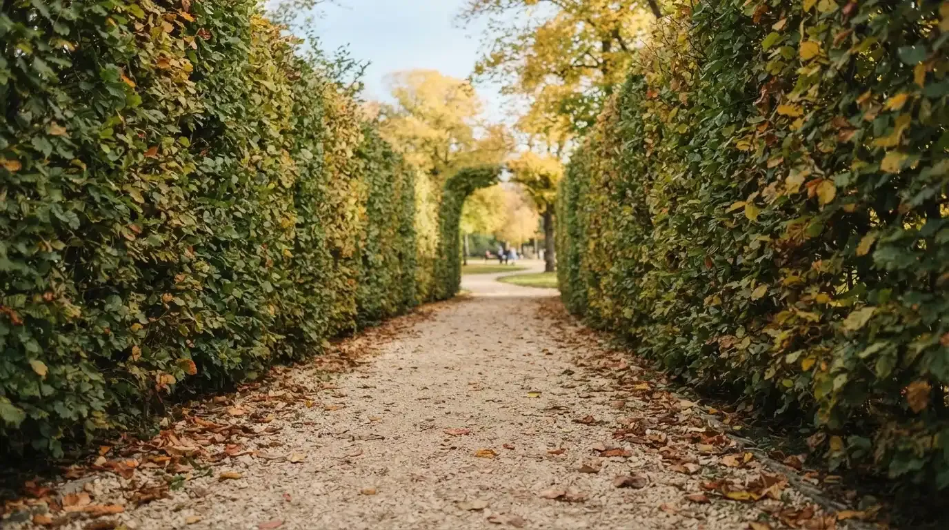 Ein schmaler Kiesweg führt zwischen zwei Hecken durch einen Park, auf dem Weg liegt Herbstlaub.