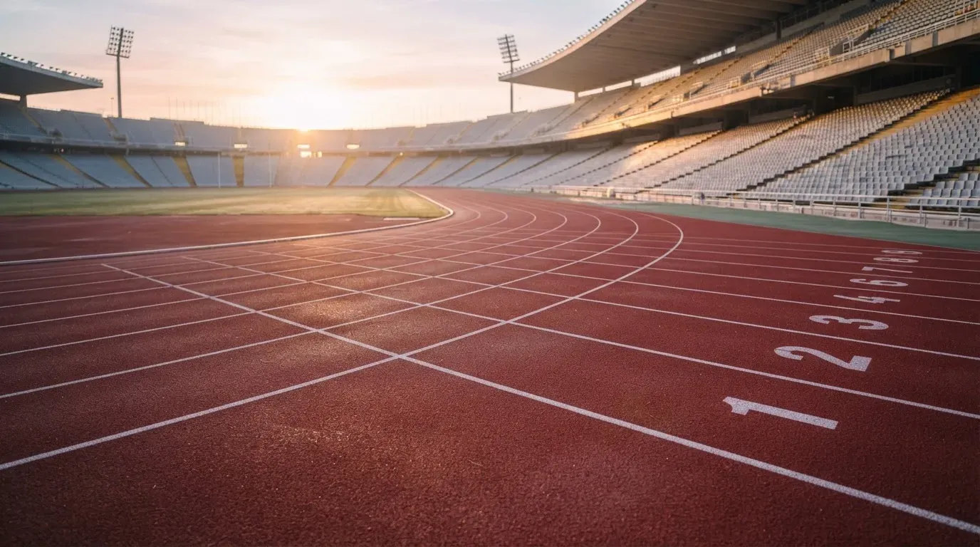 Eine rote Laufbahn in einem leeren Stadion bei Sonnenaufgang, die Bahnen ziehen sich in die Kurve.