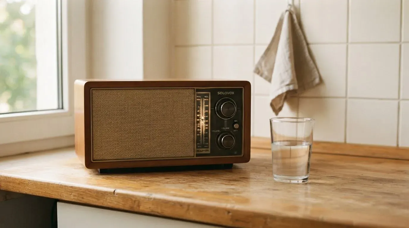 Ein altes Radio steht auf einer Küchenablage neben einem Glas Wasser, Morgenlicht fällt durchs Fenster.