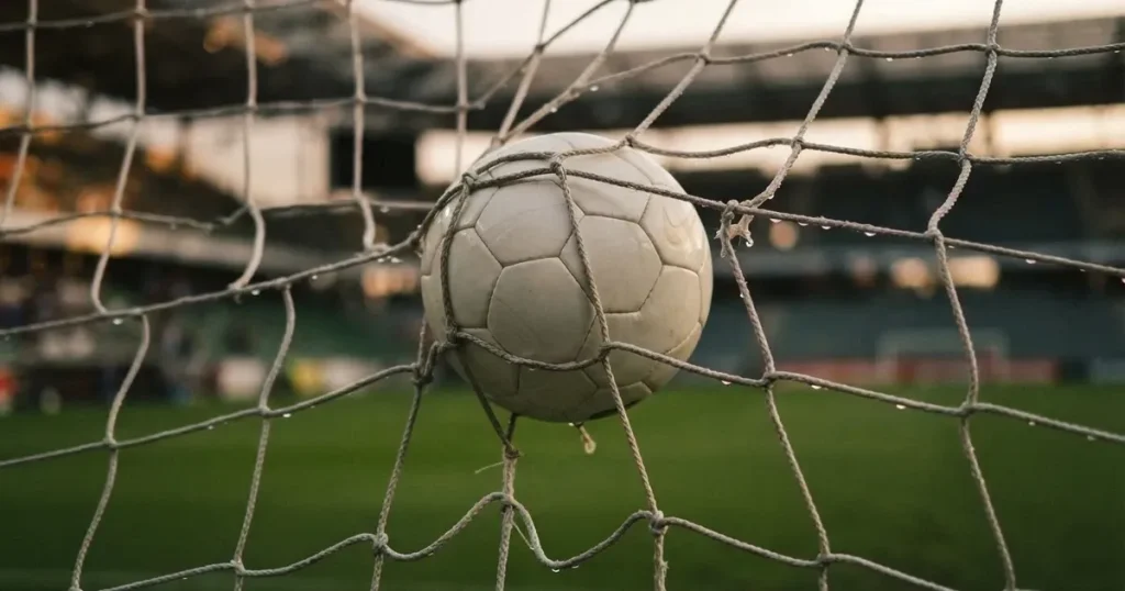 Ein Fussballnetz in Nahaufnahme, in dem ein Ball hängt, Wassertropfen glänzen auf den Maschen.