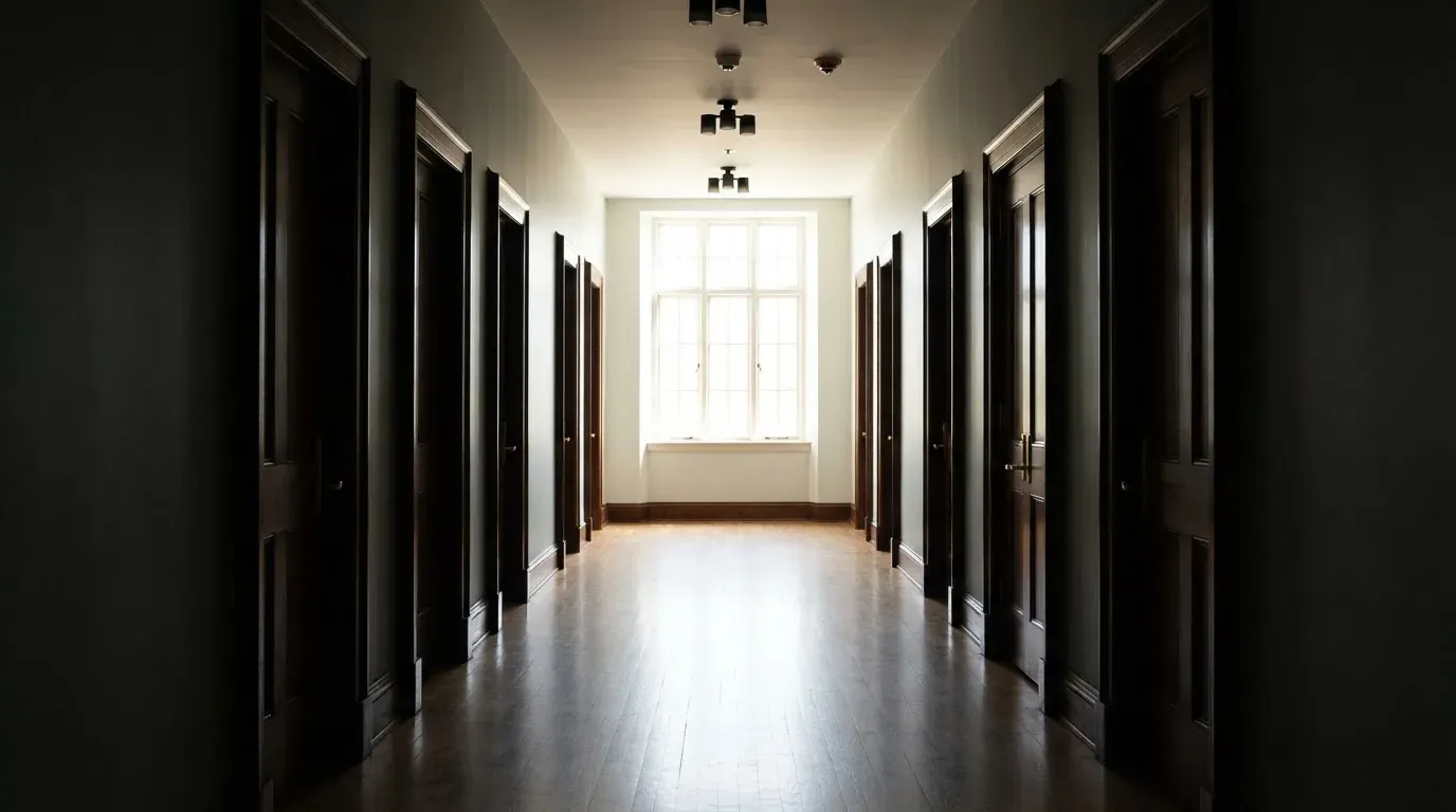 Ein Flur mit Holztüren im Gegenlicht, am Ende des Gangs fällt Tageslicht durch ein Fenster.