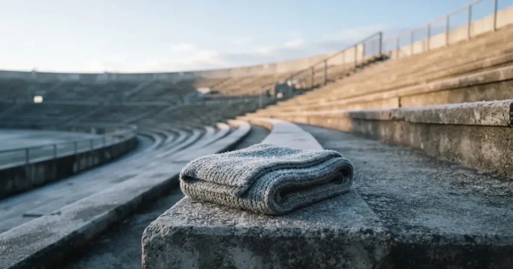 Ein einfarbiger grauer Schal liegt auf einer leeren Betontribüne, Raureif auf den Sitzen, kühles Morgenlicht über dem Stadion