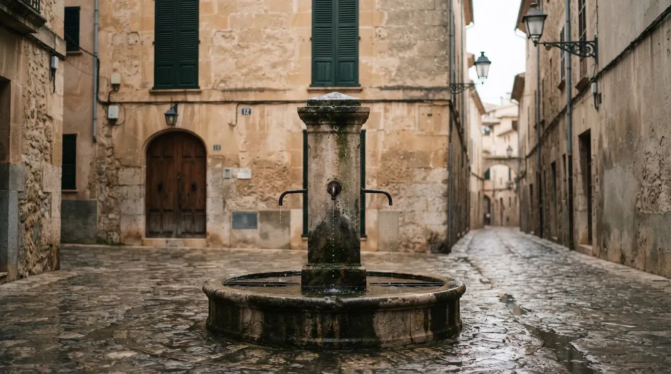 Ein Brunnen vor einer Sandsteinfassade in einer Altstadtgasse, nasses Kopfsteinpflaster und gedämpftes Licht eines bewölkten Morgens