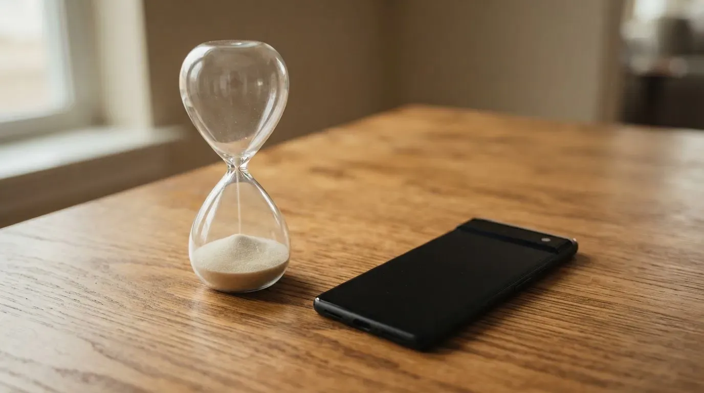 Eine Sanduhr steht neben einem Smartphone mit dunklem Display auf einem Holztisch, ruhiges Tageslicht fällt von der Seite ein