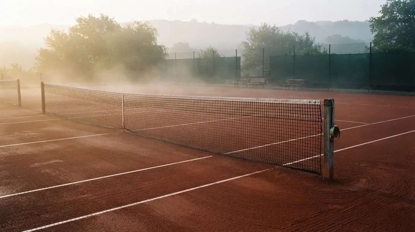 Ein Tennisplatz mit Sandbelag in der Morgendämmerung, Netz und Linien liegen im ersten Licht, Nebel hängt über dem Boden