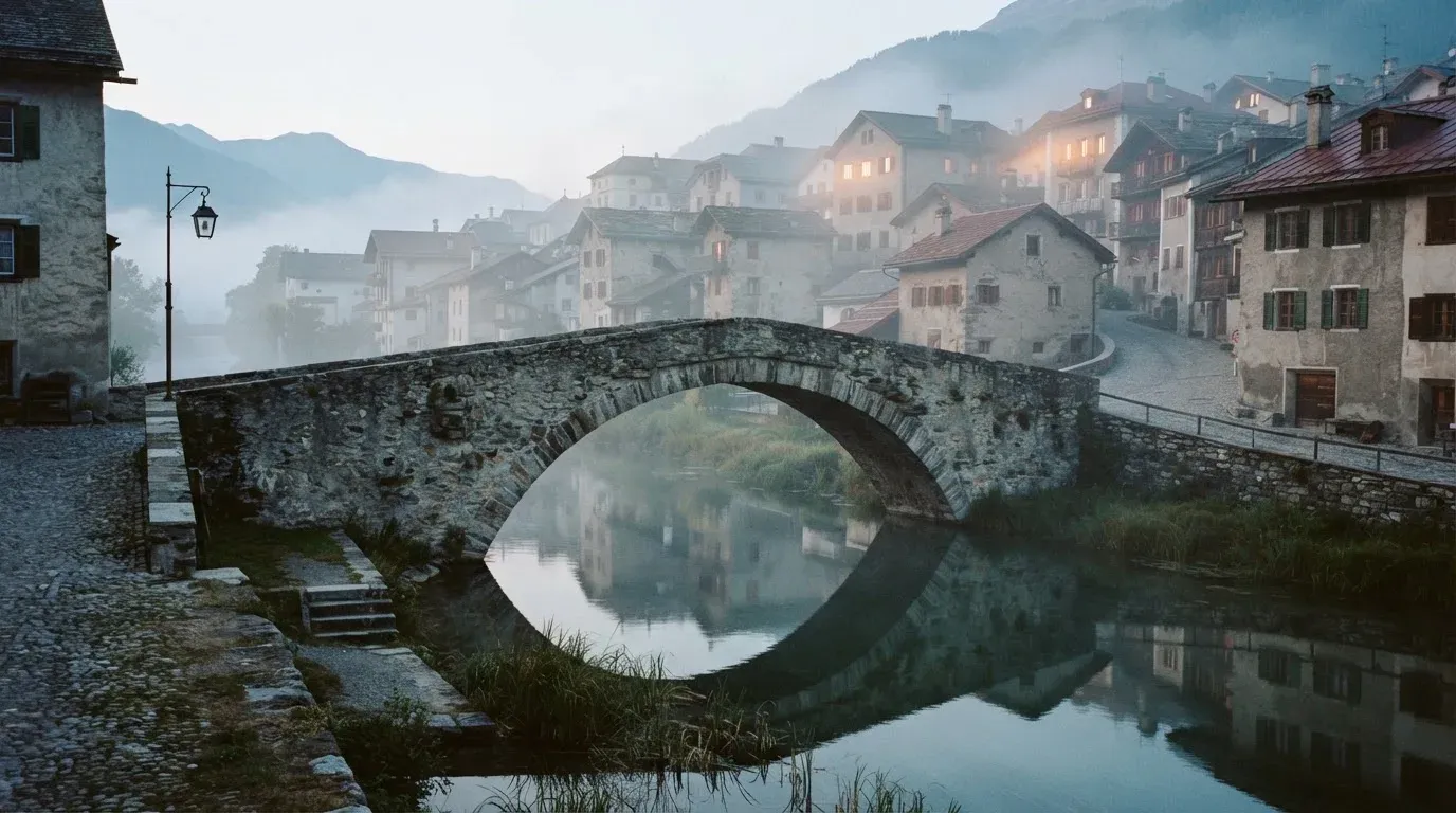 Eine steinerne Brücke über einen Fluss in einer Kleinstadt am frühen Morgen, Nebel zieht zwischen den Dächern hindurch