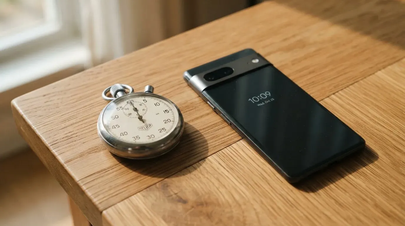 Eine Stoppuhr und ein Smartphone mit dunklem Display liegen nebeneinander auf einem Holztisch, weiches Fensterlicht