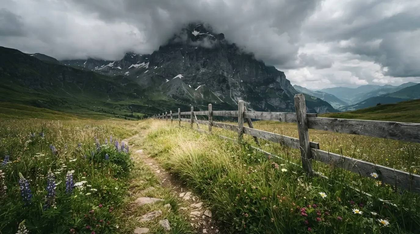 Ein Feldweg führt durch eine Alpwiese mit Holzzaun, im Hintergrund hängen Wolken über einem felsigen Gipfel