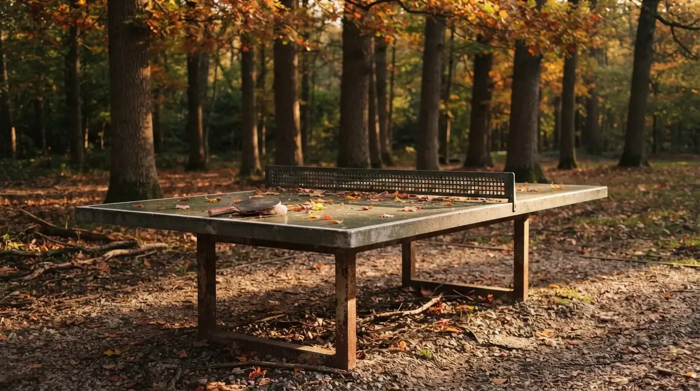 Eine Tischtennisplatte im Freien unter Bäumen, Herbstlaub liegt auf der Platte, das Licht fällt schräg durch die Äste