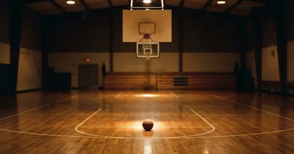 Ein Basketballkorb in einer leeren Halle, der Parkettboden glänzt im Licht der Deckenlampen