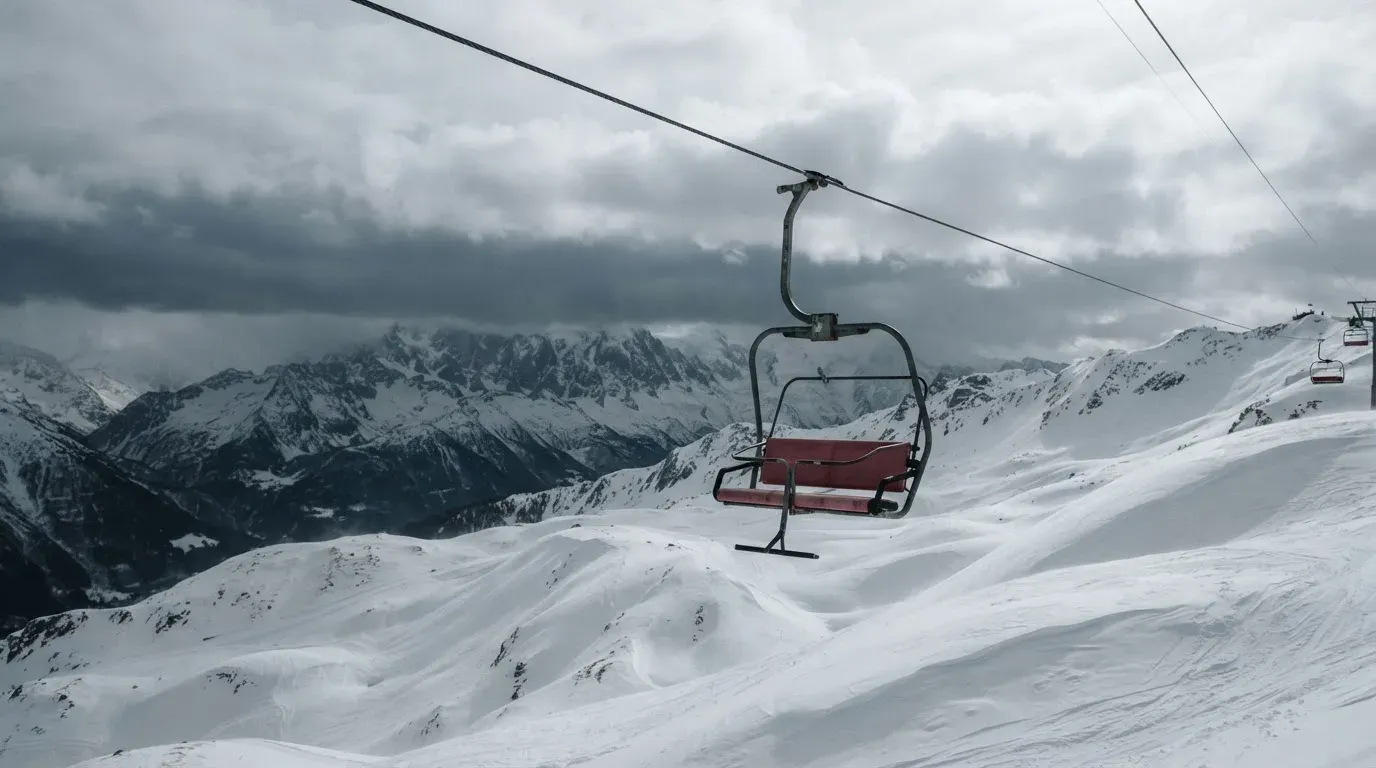 Ein Sessel eines Skilifts schwebt über einer verschneiten Hangkante, dahinter ziehen graue Wolken auf