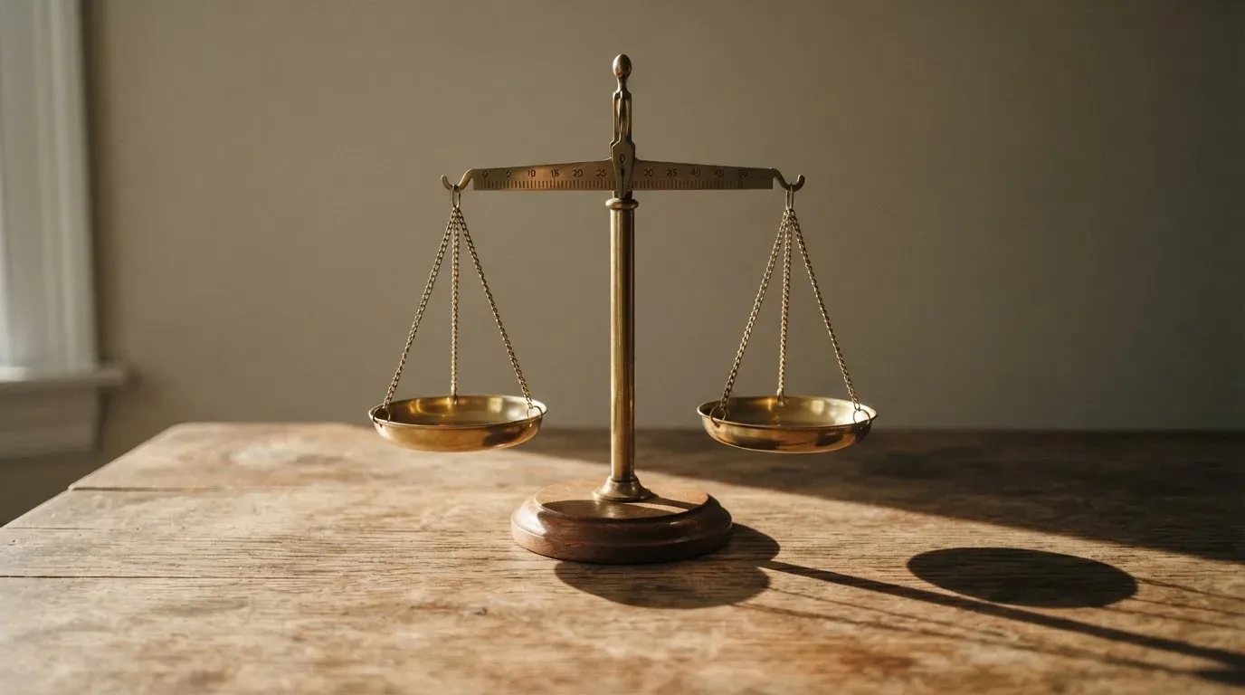 Eine Waage mit zwei leeren Schalen steht auf einem Schreibtisch, Seitenlicht wirft lange Schatten