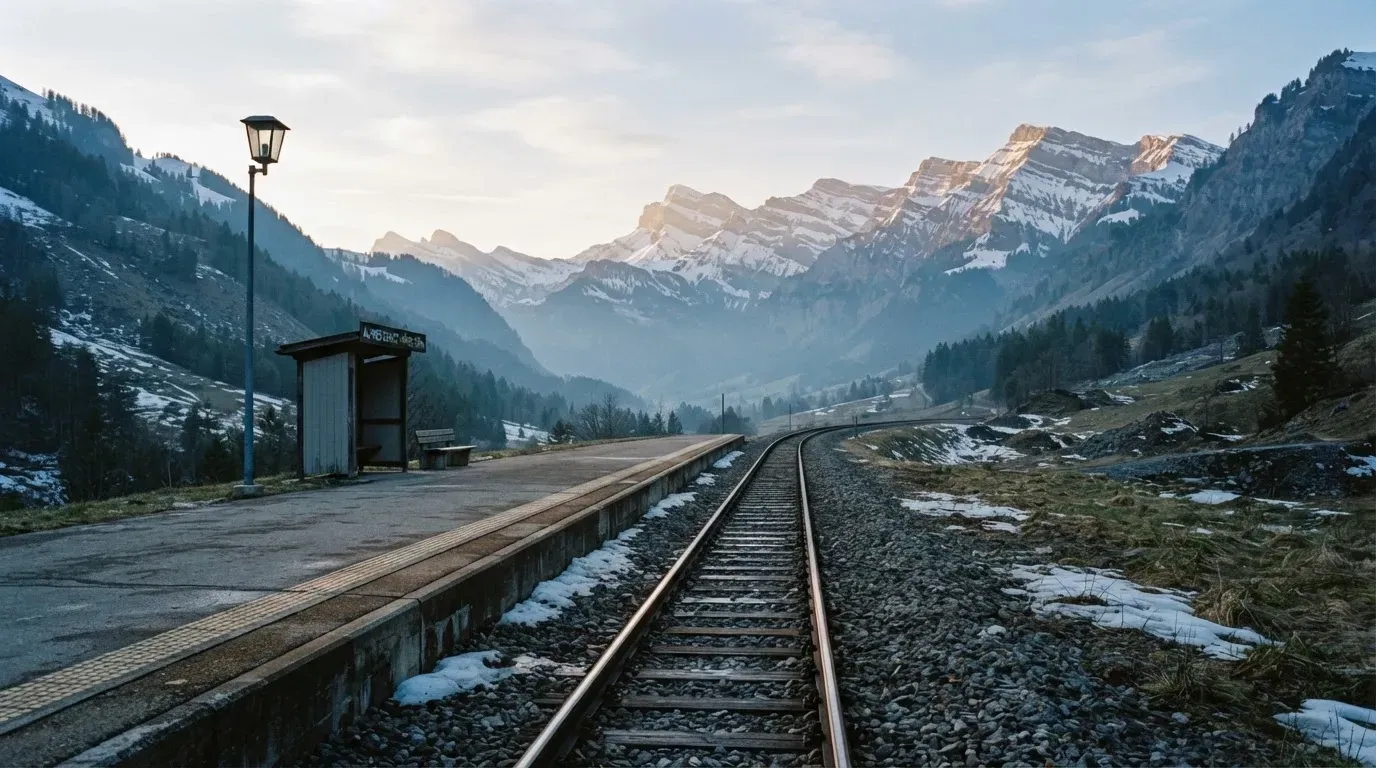 Ein Bahngleis in den Bergen mit Schneeresten und einem leeren Perron im Morgengrauen