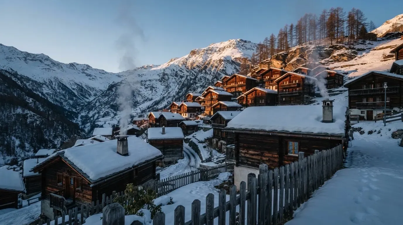 Ein Bergdorf mit Holzhäusern im Schnee, Rauch steigt aus einem Kamin, später Nachmittag mit tiefem Licht