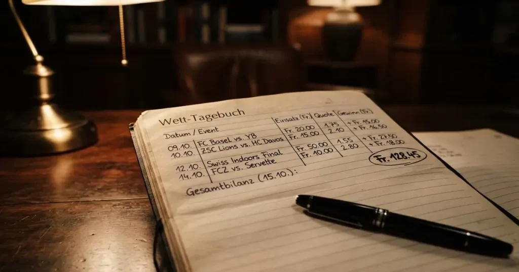 Ein Notizbuch mit handschriftlichen Spalten und ein Kugelschreiber neben einem Taschenrechner, Licht einer Schreibtischlampe