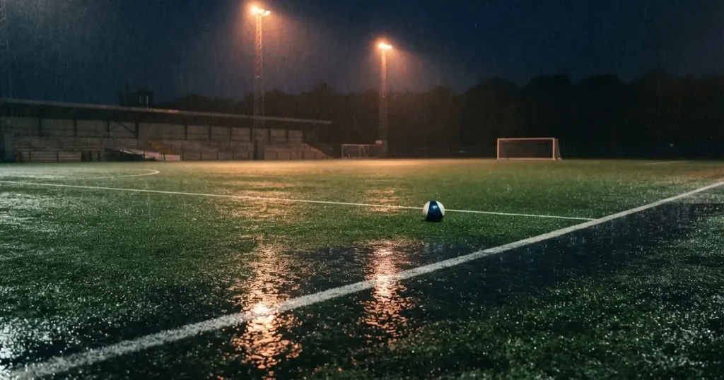 Ein Fussballplatz mit Kunstrasen im Regen, Pfützen spiegeln das Licht der Flutlichtmasten