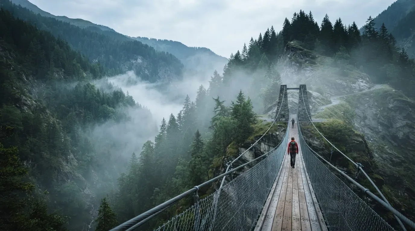 Eine Hängebrücke über eine Schlucht, Nebel steigt auf, dichter Wald bedeckt die steilen Hänge