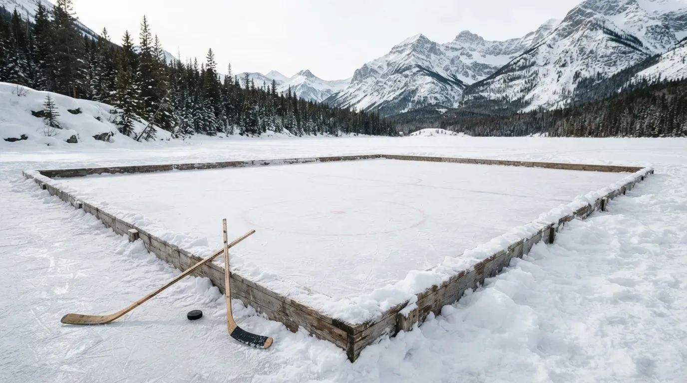 Ein Eishockeyfeld im Freien auf einem zugefrorenen See, Schneewehen an den Banden, klare Winterluft